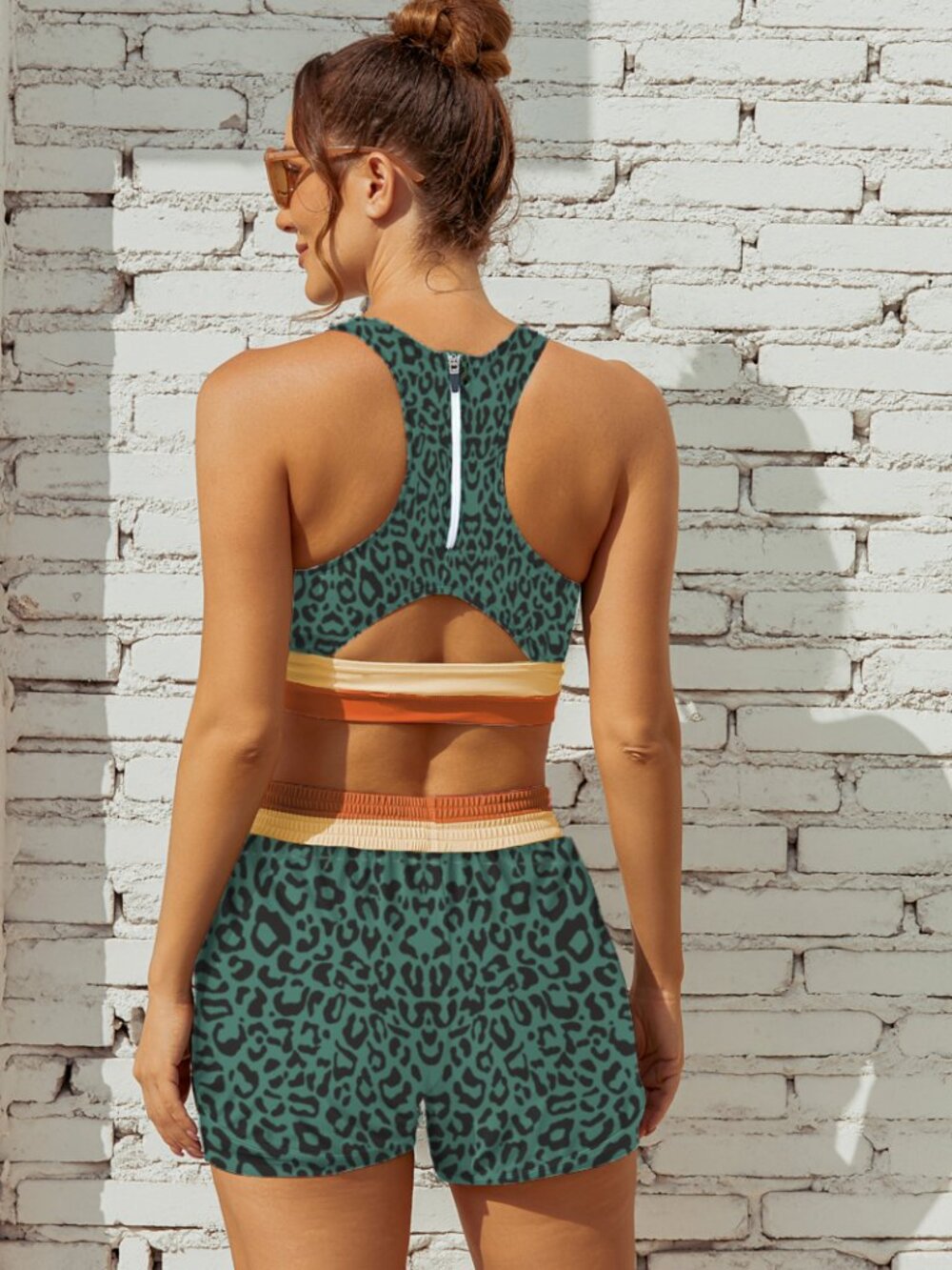Bikini Set -Green Leopard Scoop Neck Sporty Bikini Top with Boy Short Set - Picture 2 of 5